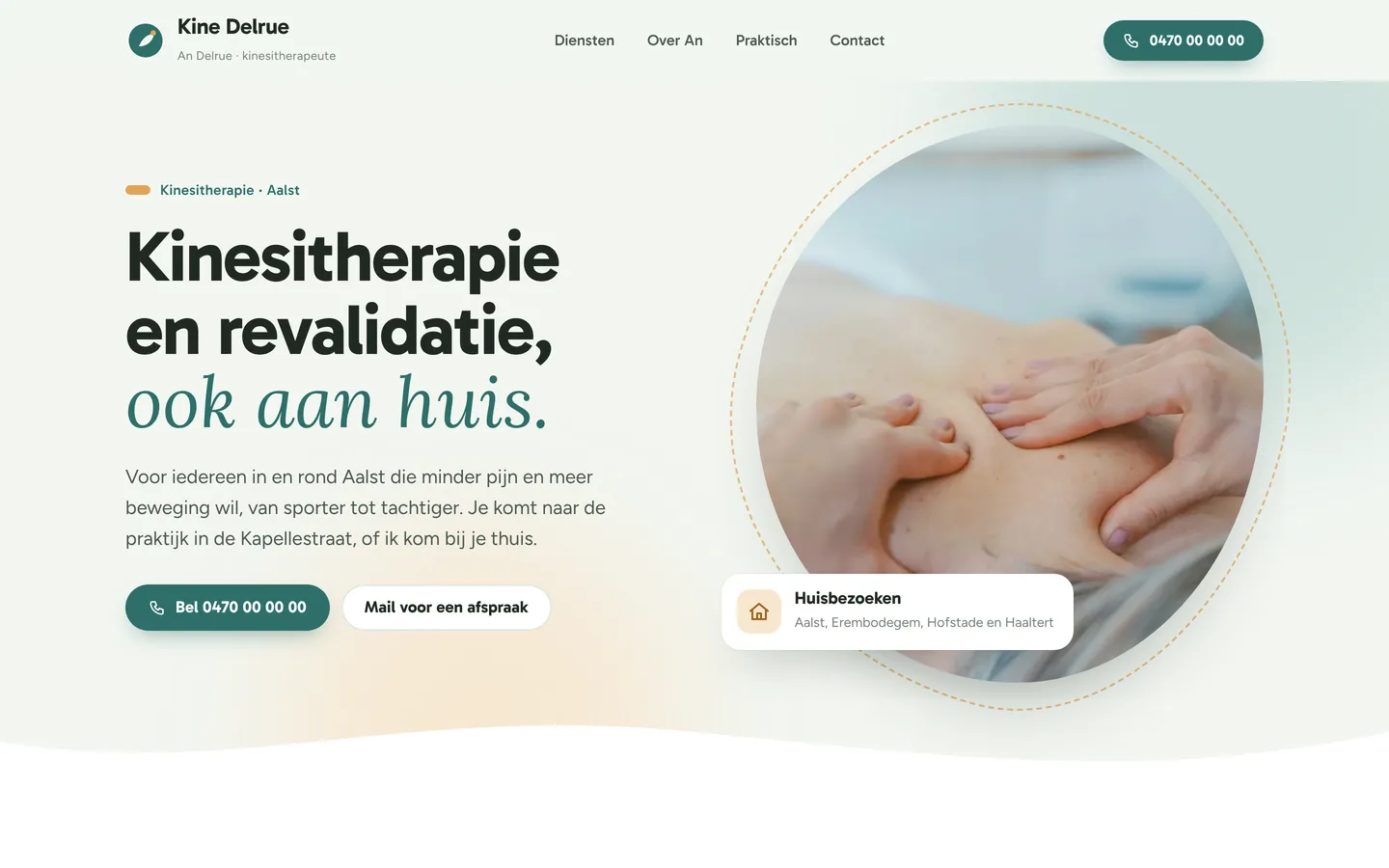 Kine Delrue, Kiné, Alost: Kinésithérapie et revalidation, aussi à domicile. Rendez-vous dans la semaine.
